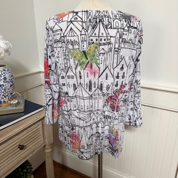 Ali Miles Tops - Ali Miles Womens L Tunic Top Butterfly Cityscape Print 3/4 Sleeve Art to Wear